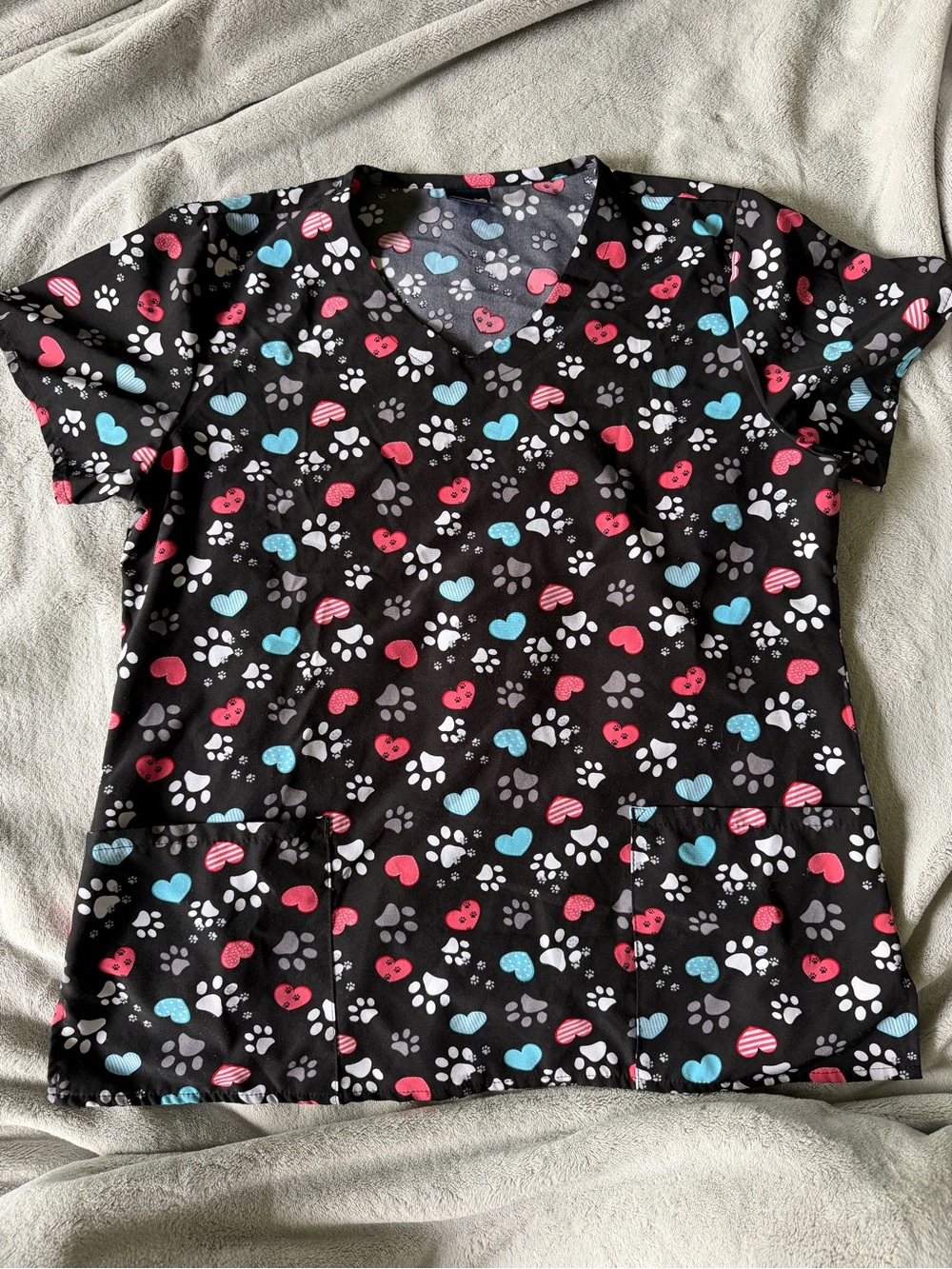 Black Short Sleeve Scrub Top with Pink & Blue Hearts and Paw Prints
